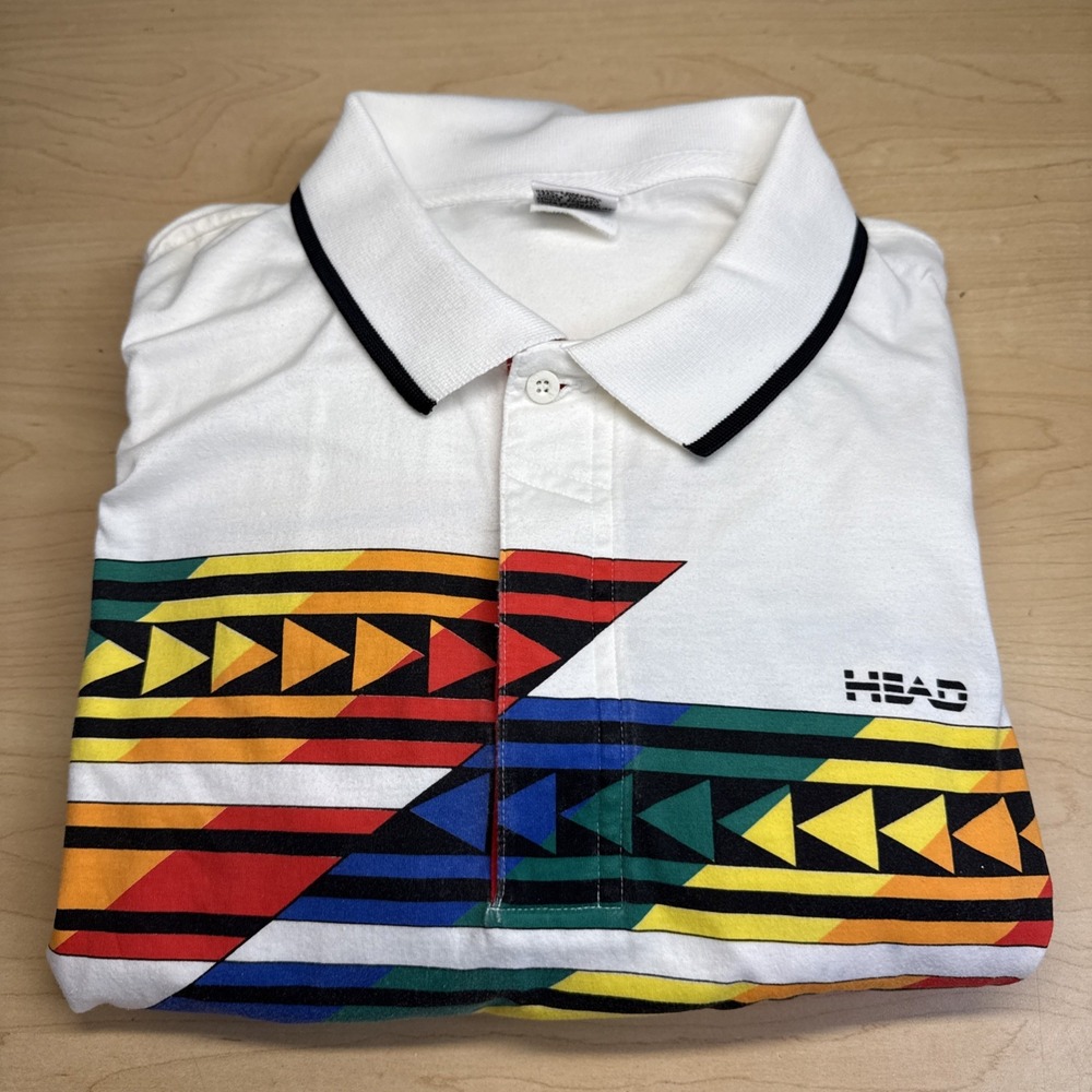 VTG 90s Head Polo Shirt Mens Retro White Rainbow Abstract Tennis Pickle Ball XL